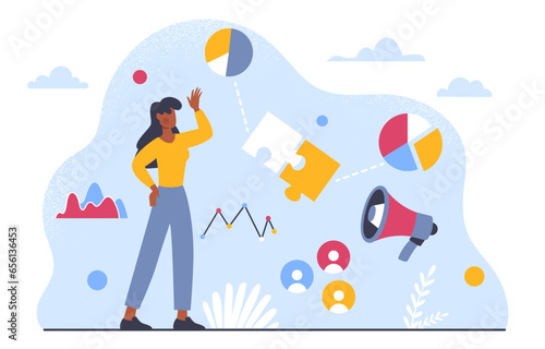 Digital marketing concept. Woman with graphs and diagrams near loudspeaker. Promotion in social networks and internet. Young girl with online advertising. Cartoon flat vector illustration