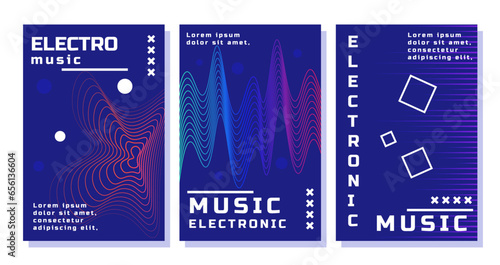 Electronic sounds posters set. Futuristic design for covers and banners. Abstrat creativity and art, digita technology. Curved neon waves. Cartoon flat vector collection isolated on white background