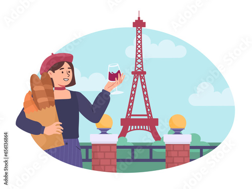 French woman in Paris concept. Young girl in traditional clothes with bag of baguettes and wine. Tourist near Eiffel Tower, sight. Travel and tourism. Cartoon flat vector illustration