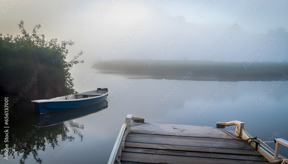 A rowboat moored at a mist-covered dock, boat on the river