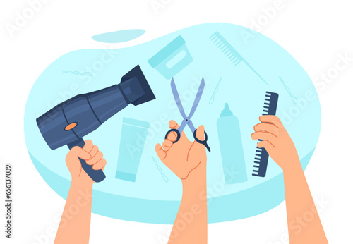 Hands with comb and scissors concept. Team of hairdressers and barbers with equipment. Electrical hair dryer ner haircomb. Cartoon flat vector illustration isolated on white background