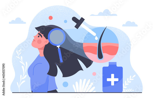 Woman with hair loss treatment concept. Young girl near medical liquid in blue bottle. Healthcare and treatment, medicine. Fight against alopecia. Cartoon flat vector illustration