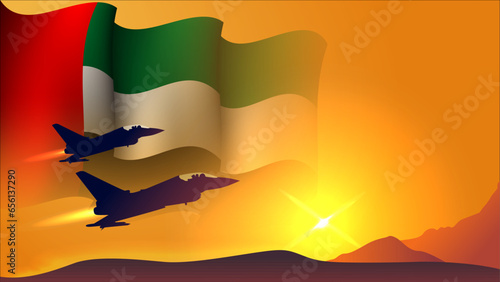 fighter jet plane with tajikistan waving flag background design with sunset view suitable for national tajikistan air forces day event vector illustration