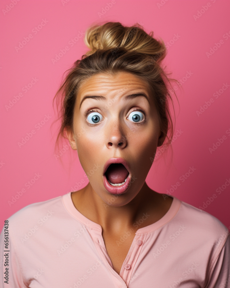 A white woman doing a shocked look on tan background A white woman doing a shocked look on tan background