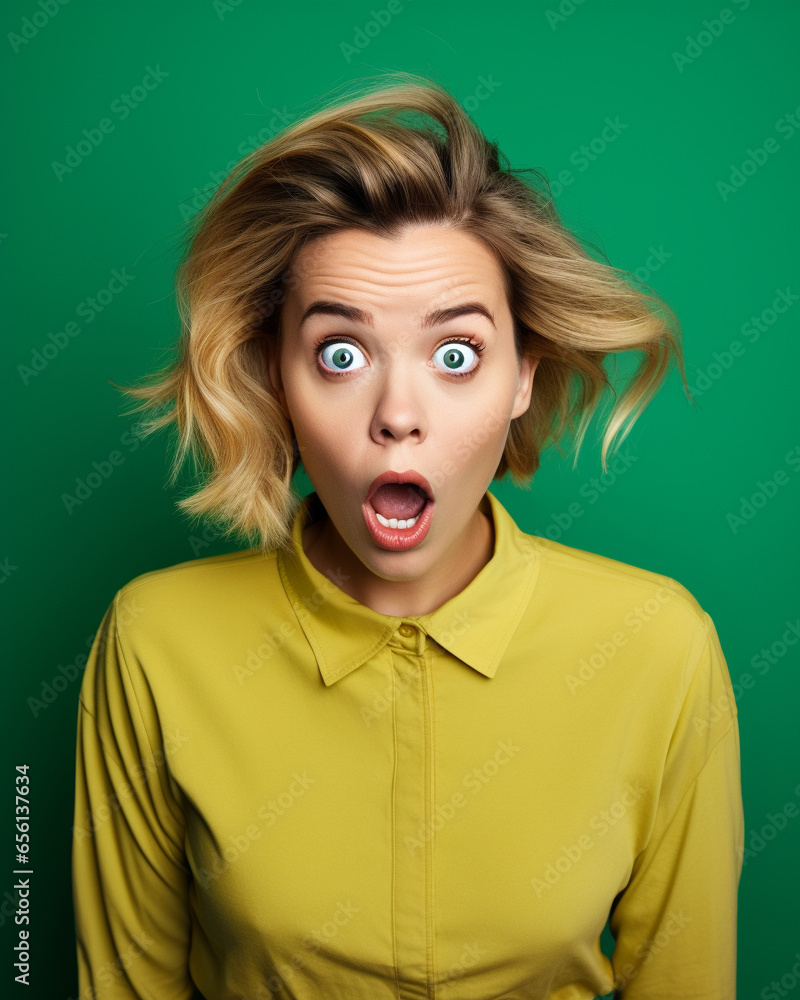 A white woman doing a shocked look on tan background A white woman doing a shocked look on tan background