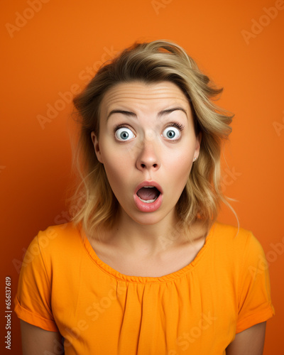 A white woman doing a shocked look on tan background