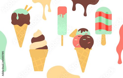 Ice cream seamless pattern concept. Repeating design element for printing on fabric. Frozen dessert and delicacy in waffer cone. Sweet product. Cartoon flat vector illustration
