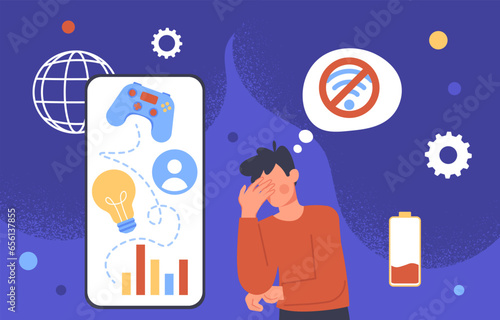 Man with information overload concept. Young guy near smartphone with lightbulb and graphs, diagrams. Social media addiction and doomscrolling. Cartoon flat vector illustration
