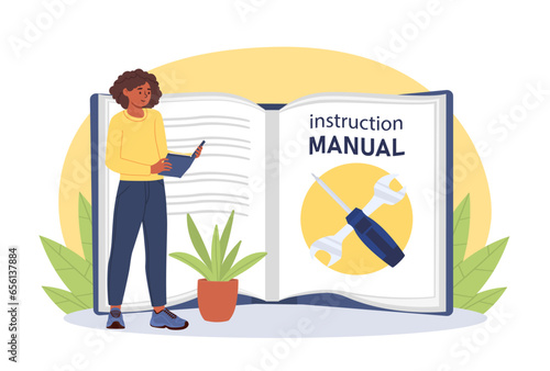 Woman with instruction manual concept. Young girl near open book with screwdriver and wrench. How to fix problems in home. Guide for users and customers. Cartoon flat vector illustration