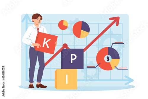 Man with KPI concept. Successful worker and employee. Young guy with statistics and infographic. Businessman near graphs and diagrams. Efficient workflow. Cartoon flat vector illustration