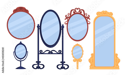 Set of mirrors concept. Pack of frames of different shapes. Reflection, element of decor and interior for apartment. Cartoon flat vector collection isolated on white background