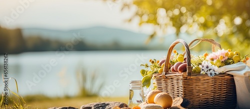 Summer picnic at the lake with eggs cheese bread and fruits