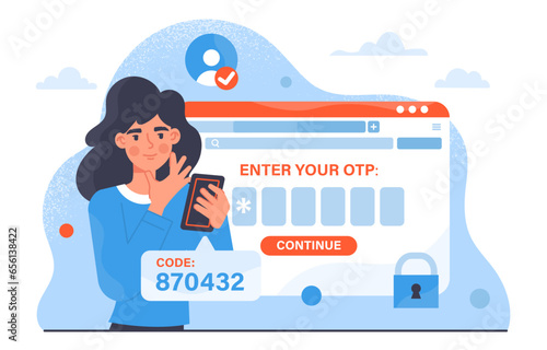Woman with OTP concept. Young girl with smarthone sign in at website. Personal code for users and customers. Security system for protection personal data. Cartoon flat vector illustration