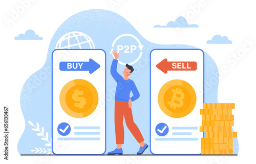 Man with P2P concept. Young guy near smarthones with dollar and bitcoin. Peer to peer transactions and transfers between users. Cryptocurrency exchange. Cartoon flat vector illustration