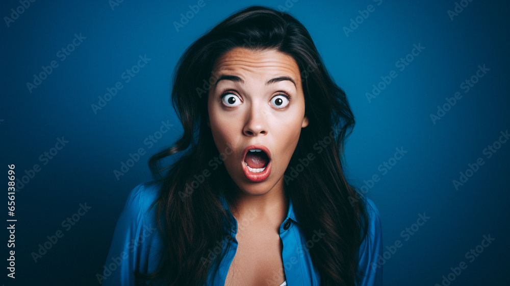 White woman doing a shocked look on tan background White woman doing a shocked look on tan background
