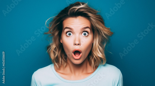White woman doing a shocked look on tan background 