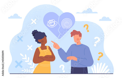 Relationship problems concept. Man and woman near broken heart. Quarrels and scandals in family, dissatisfied husband and wife. Frustration and depression. Cartoon flat vector illustration
