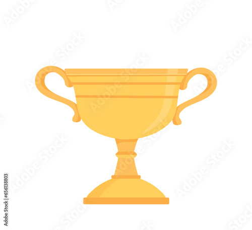 Golden trophy or award concept. Reward for winners at competition and tournament. Gold cup. Sticker for social networks. Cartoon flat vector illustration isolated on white background