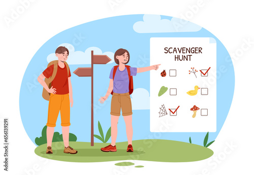 People at scavenger hunt concept. Man and woman with backpacks outdoor. Hiking and camping, active lifestyle. Young couple at nature searching for blue flower. Cartoon flat vector illustration photo