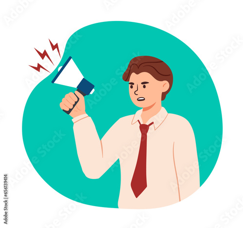 Screaming guy in loudspeaker concept. Angry boss and businessperson. Young guy in white shirt with red tie. Negative emotions and expressions. Quarrels at workplace. Cartoon flat vector illustration