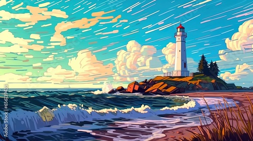 Spectacular coastal lighthouse. Fantasy concept   Illustration painting.