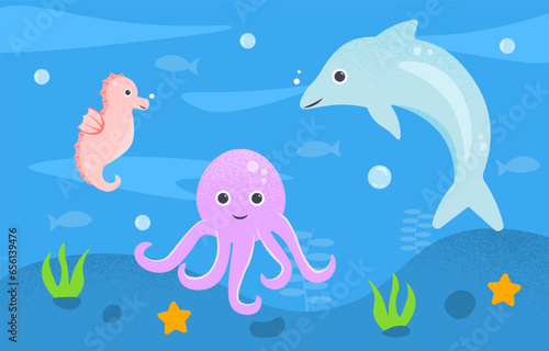 Sea animals concept. Octopus and shark underwater near reefs and corrals. Animal wildlife and fauna. Seahorse, star and fish. Marine dwellers in ocean. Cartoon flat vector illustration