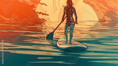 Stand-up paddleboarding. Fantasy concept , Illustration painting.