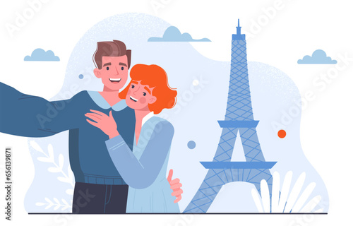 Couple with sightseeing selfie concept. Man and woman near Eiffel Tower. Happy family with smartphone and France, Paris. Pair of travellers and tourists. Cartoon flat vector illustration