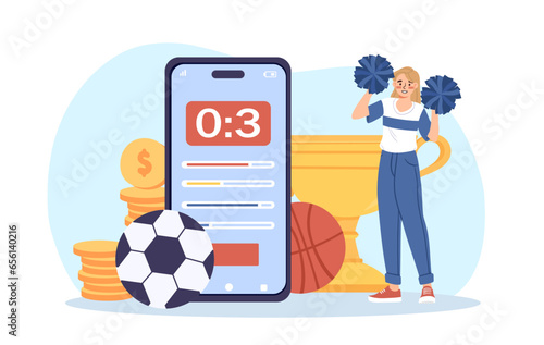 Sports betting concept. Woman near smartphone with different sport equipment and cash. Young girl near mobile application for bet. Gambling and games for luck. Cartoon flat vector illustration