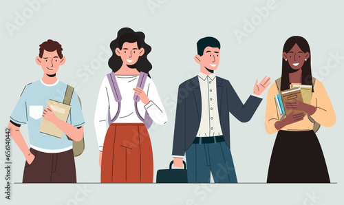 Students hold books set. Men and women in casual clothes with backpacks. Education, learning and training. Happy teenagers. Cartoon flat vector collection isolated on blue background