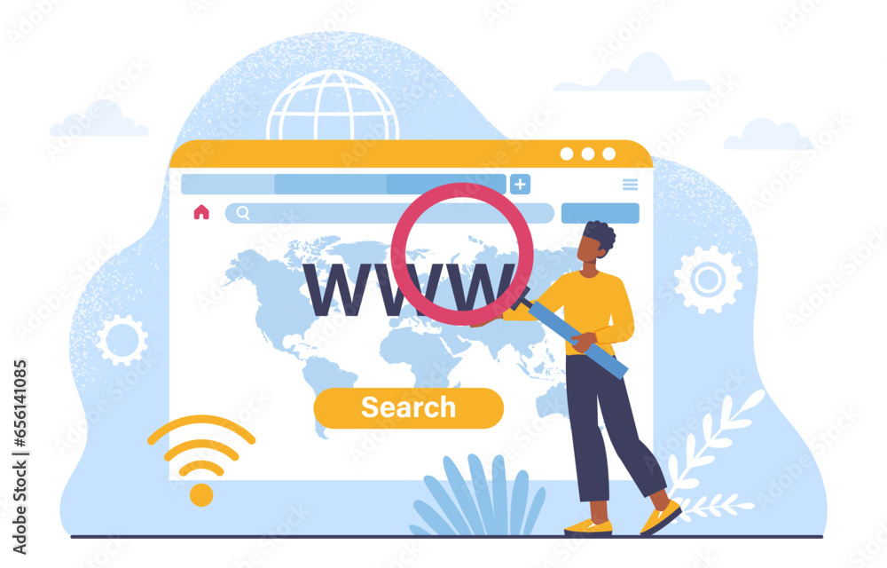 Naklejka premium View online concept. Man with magnifying glass near browser page. Modern technologies and innovations. User searching for information on Internet. Cartoon flat vector illustration