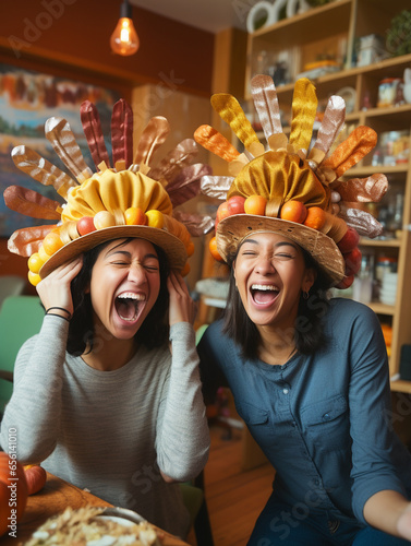 A Photo of Friends Trying on Silly Thanksgiving Themed Hats