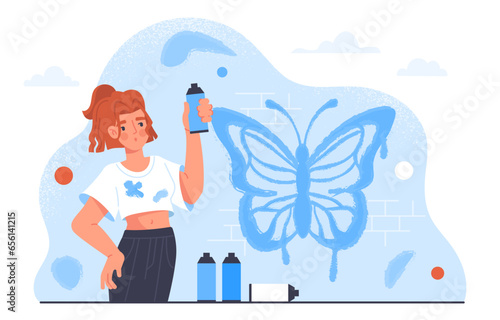 Woman with wall painting concept. Young girl with spray paint paints silhouette of butterfly on wall. Art and creativity at city streets. Vandalism and hooliganism. Cartoon flat vector illustration