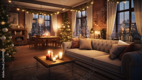fireplace with Christmas decorations  in room generated by AI tool  © Aqsa