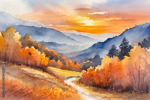 Warm Autumn Hues Color Landscape Paintings with Vibrant Orange Tones Created Using Ink Watercolors