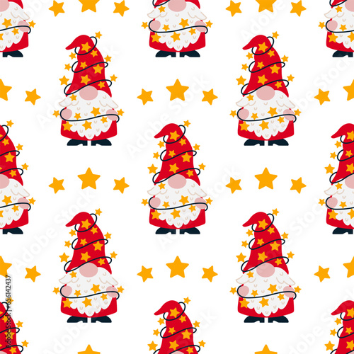 Cute Christmas gnome seamless vector pattern. A funny gray-haired elf with a beard holds a garland with stars, holiday lights. Santa Claus helper in a stocking cap, red suit. Flat cartoon background