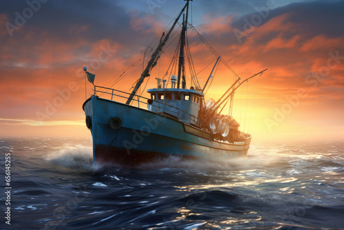 Beautiful AI Scenery: Fishing Trawler in Action on a Misty Morning