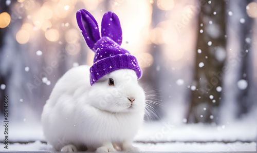 Cute white bunny in a purple Christmas cap in a snowy forest