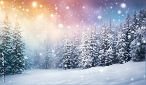 Snowy Christmas background with forest and trees, rainbow color