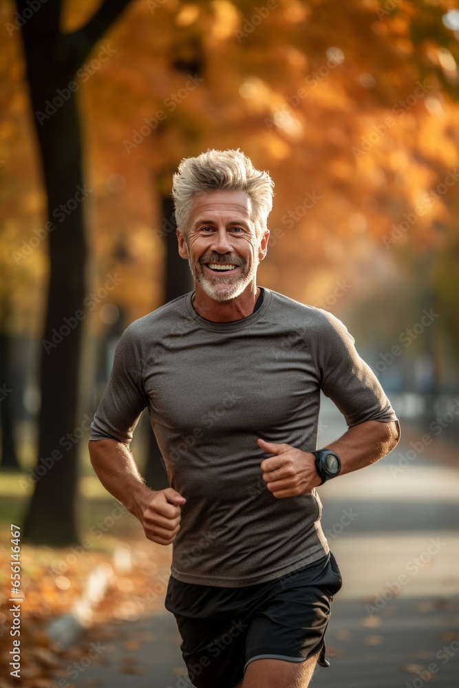 Man in his 50s jogging | Best Ager runs in the fall Generative Ai Man in his 50s jogging | Best Ager runs in the fall Generative Ai