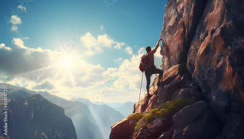 Man rock climbing on a bright sunny day on the edge of a cliff