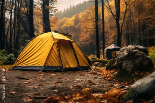 yellow tent in the great outdoors. Camping in autumn Generative Ai
