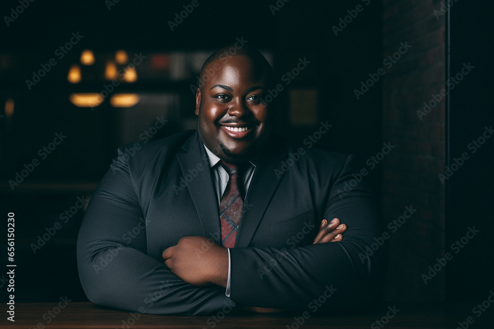 Fat man who is smiling and crossing her arms Fat man who is smiling and crossing her arms