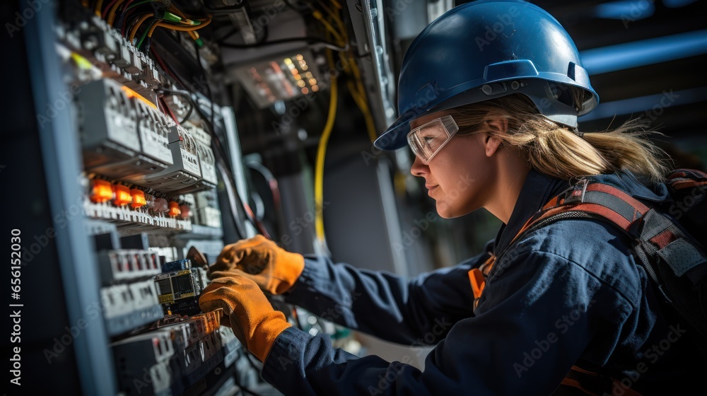 A commercial electrician at work on a fuse box, adorned in safety gear. Professional electrician A commercial electrician at work on a fuse box, adorned in safety gear. Professional electrician