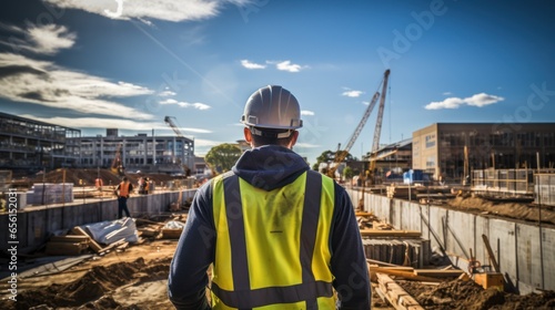Architect or civil engineer standing outside with his back to the camera at a construction site on a bright day The men wore hard hats, shirts, and safety vests.