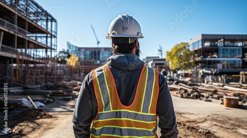 Architect or civil engineer standing outside with his back to the camera at a construction site on a bright day The men wore hard hats, shirts, and safety vests.