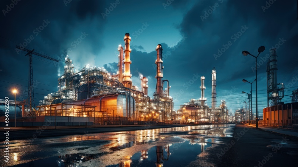Industry pipeline transport petrochemical, gas and oil processing. The power industry factory at night
