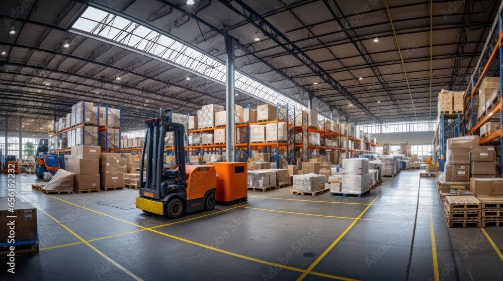Fototapeta premium Panorama of huge distribution warehouse with high shelves with forklift at large warehouse