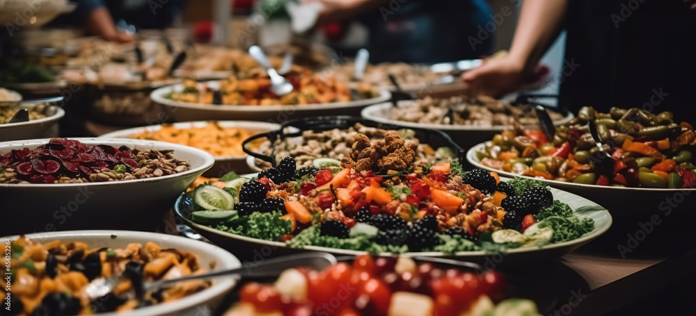 Catering buffet food indoor in restaurant with meat colorful fruits and vegetables. Buffet service for any festive event, party or wedding reception. Generative AI - obrazy, fototapety, plakaty 