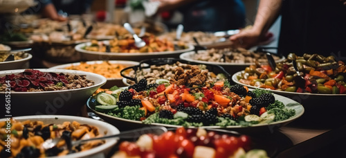 Catering buffet food indoor in restaurant with meat colorful fruits and vegetables. Buffet service for any festive event, party or wedding reception. Generative AI
